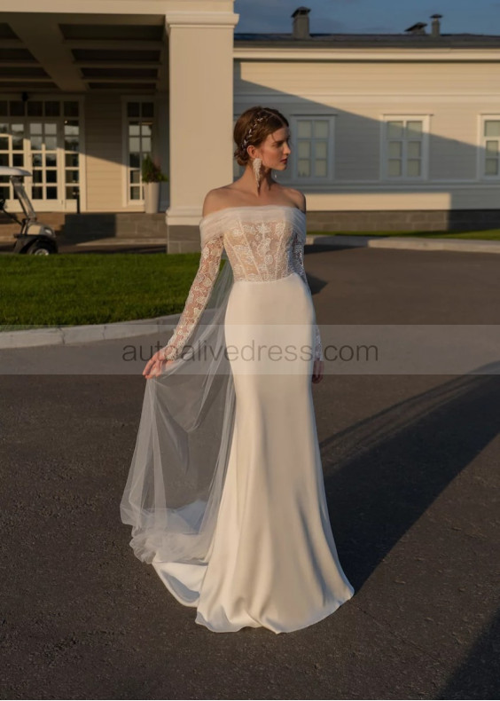 Off Shoulder Ivory Lace Satin Unique Wedding Dress